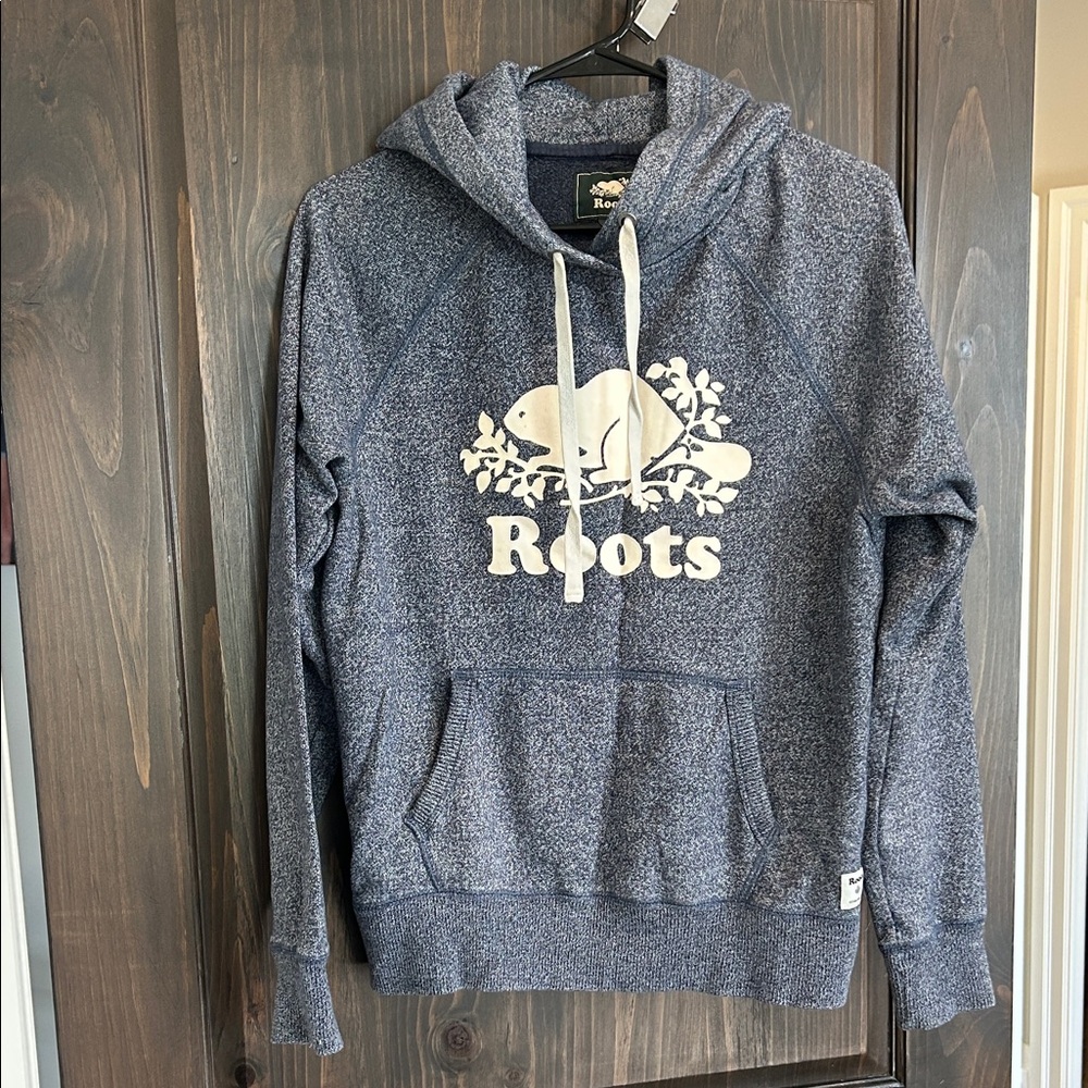 Roots Heather Navy Hoodie with Cream Logo